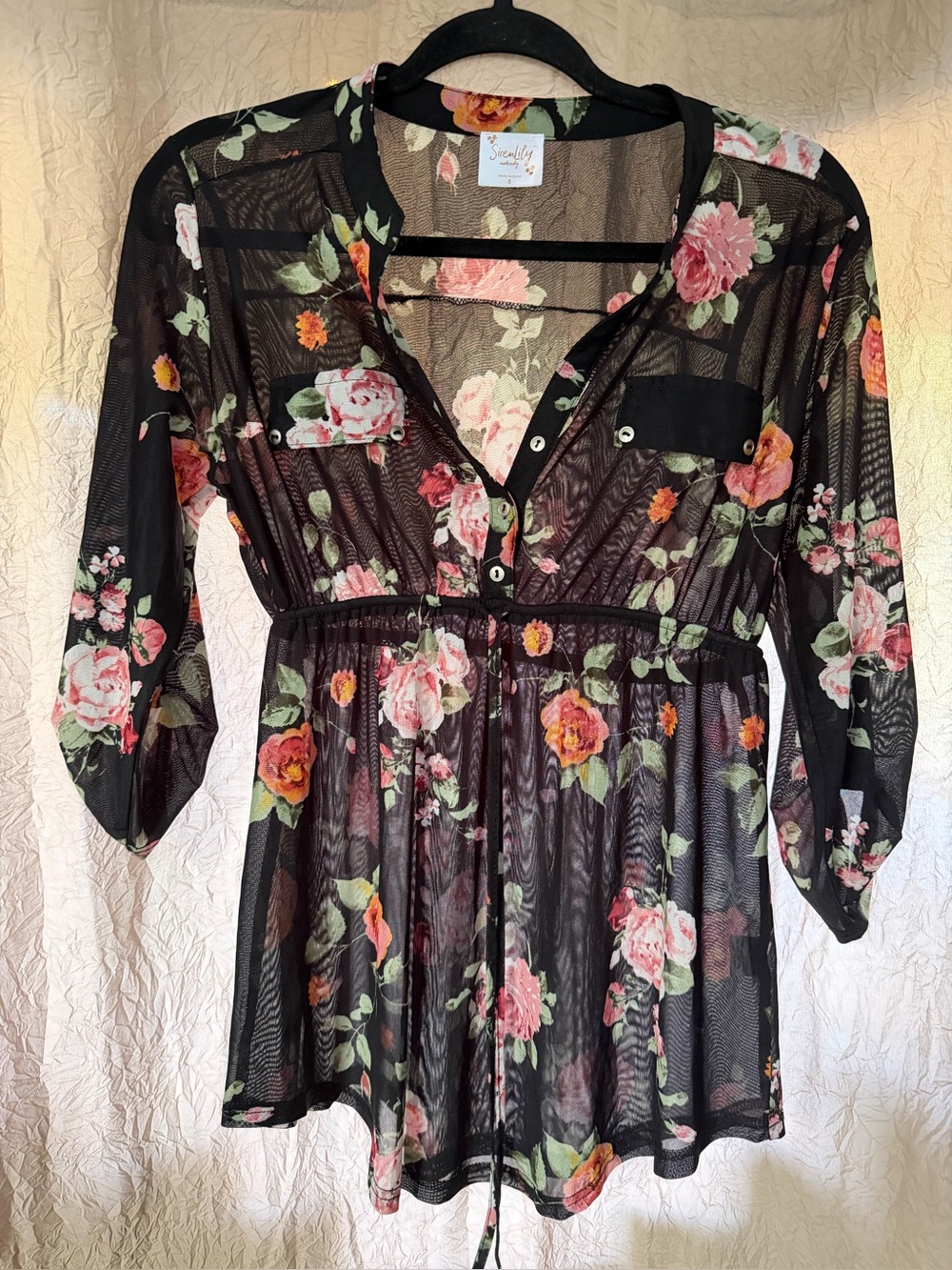 Siren Lily Black Floral Sheer Mesh Tunic Blouse